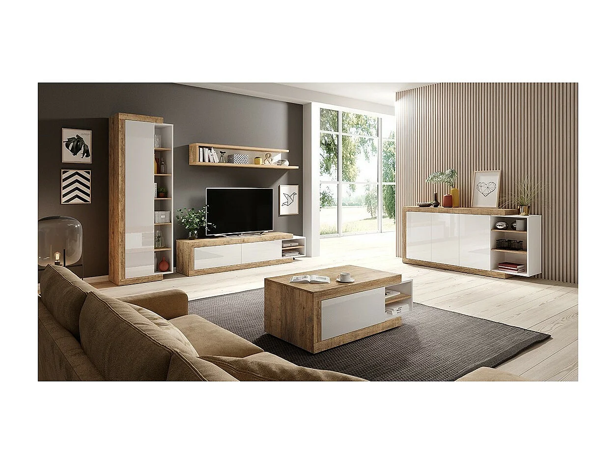Ensemble de 5 meubles de salon collection SINATRA. Couleur chêne et blanc brillant.