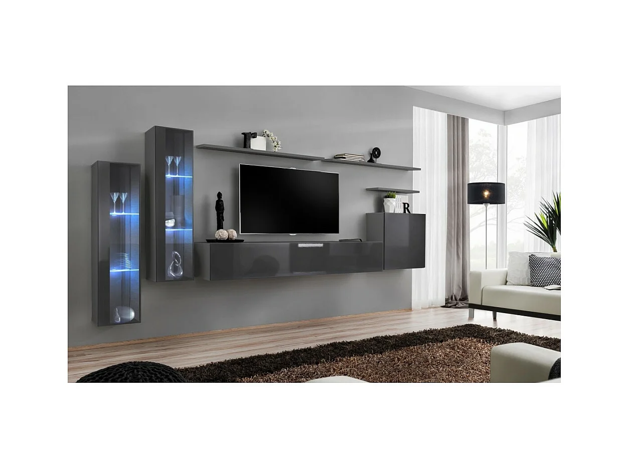Wandmeubelset voor de woonkamer SWITCH XI design, in glanzend grijs.