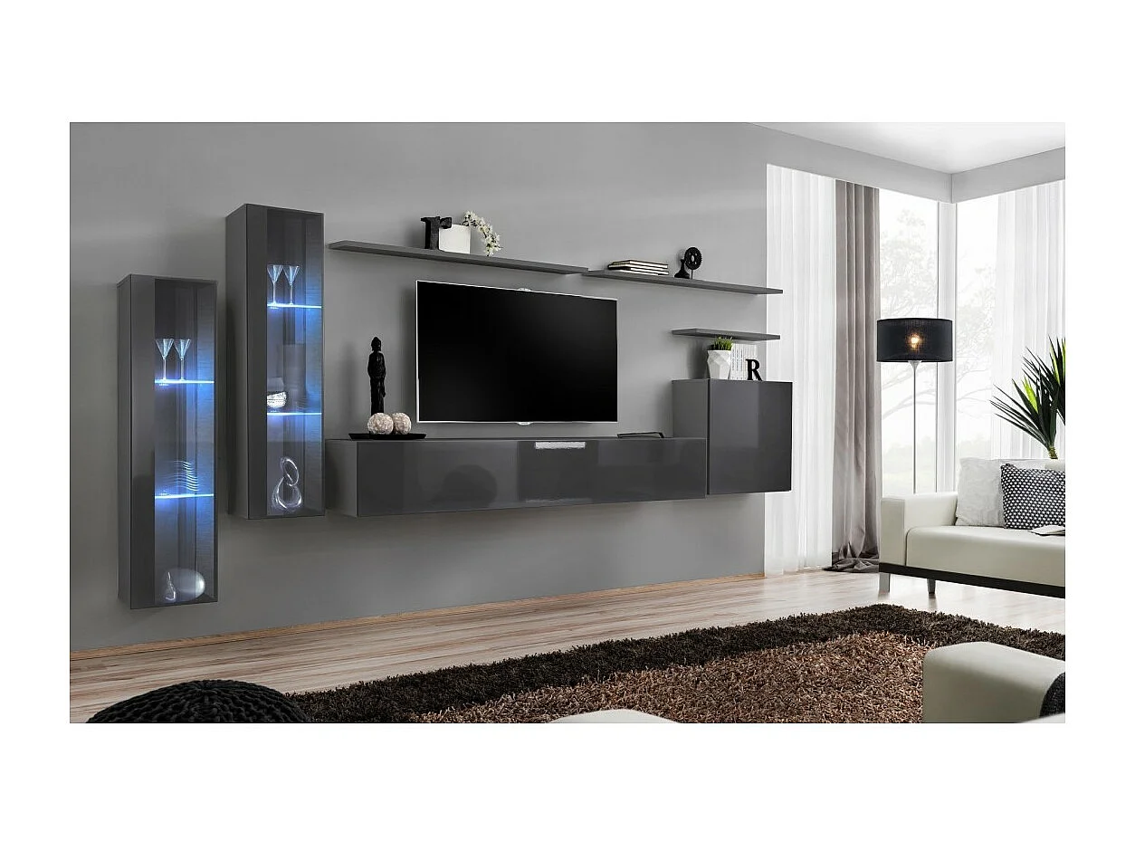 Wandmeubelset voor de woonkamer SWITCH XI design, in glanzend grijs.