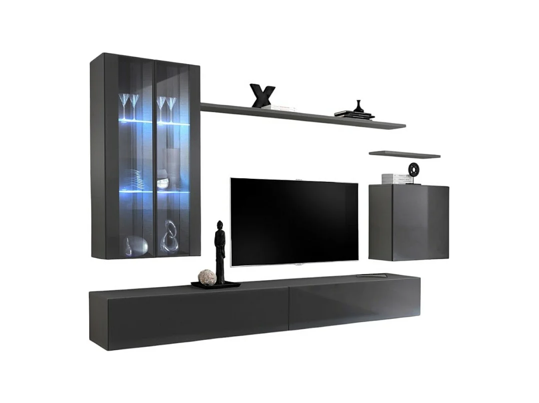 Ensemble meuble salon mural SWITCH XII design, coloris gris brillant.