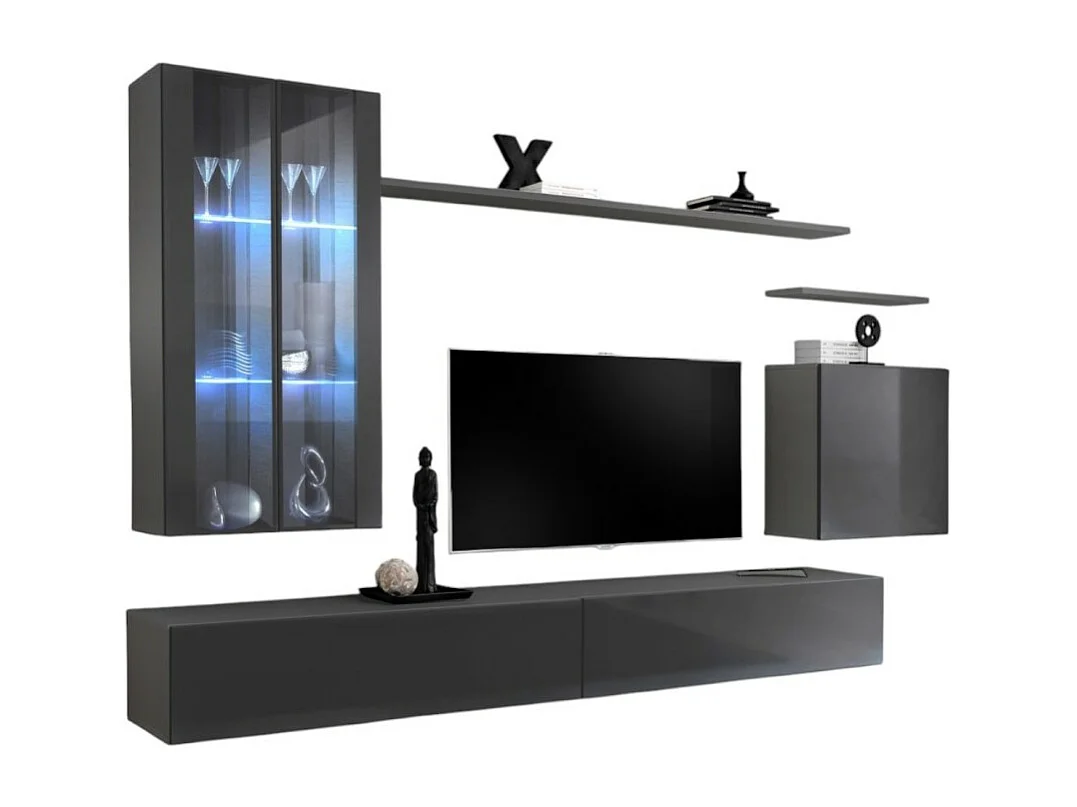 Ensemble meuble salon mural SWITCH XII design, coloris gris brillant.