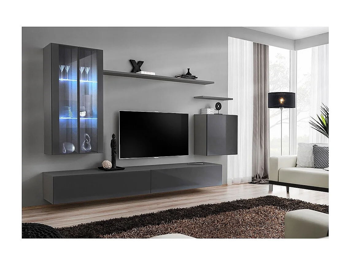 Ensemble meuble salon mural SWITCH XII design, coloris gris brillant.