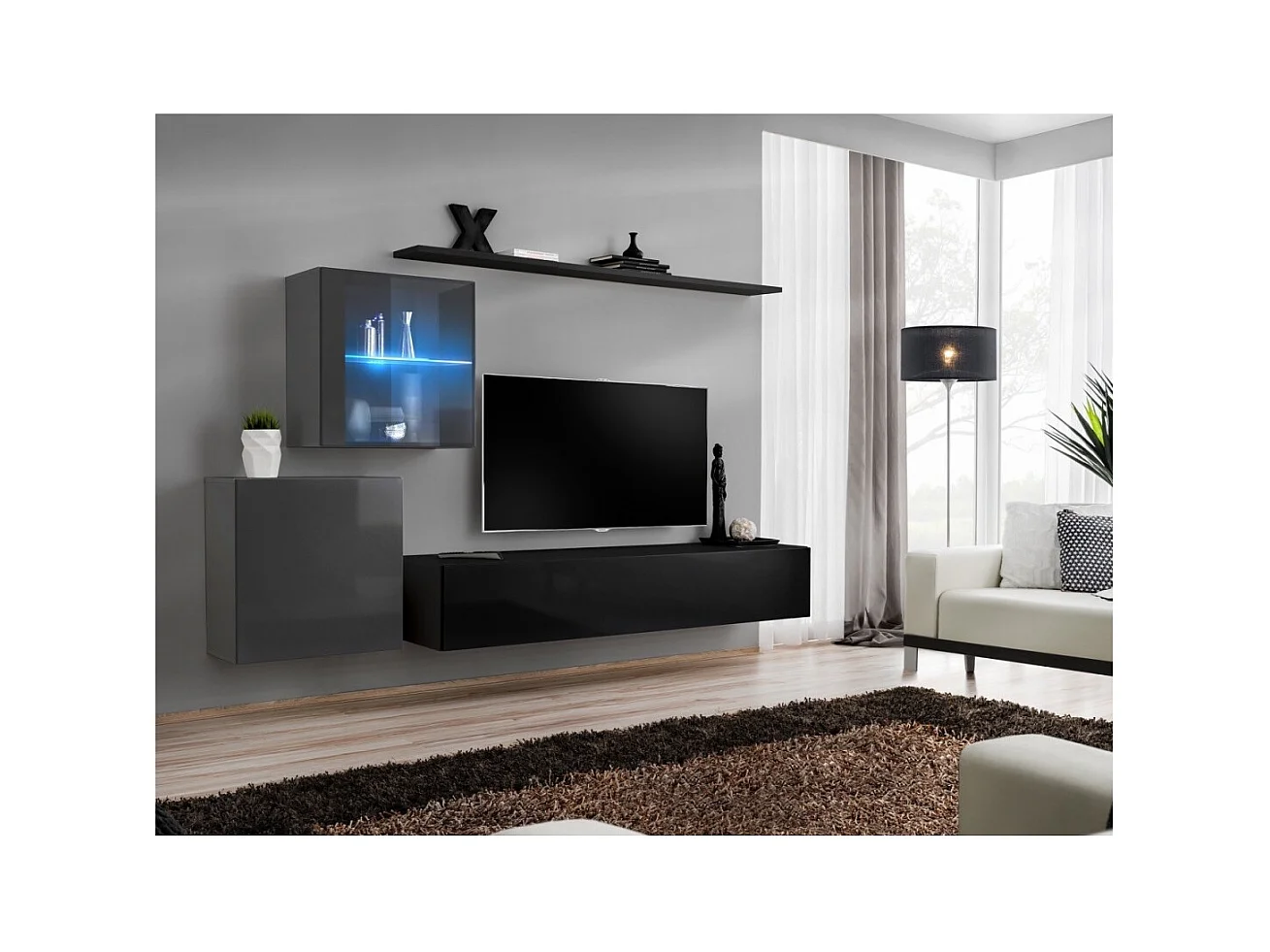 Conjunto de móveis de parede para sala de estar SWITCH XV, design moderno, nas cores preto e cinza brilhante.