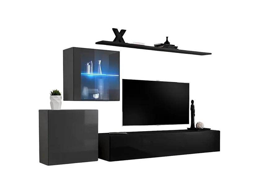 Ensemble meuble salon mural SWITCH XV design, coloris noir et gris brillant.