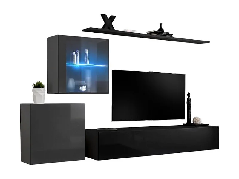 Wandmeubelset voor de woonkamer SWITCH XV design, in glanzend zwart en grijs.