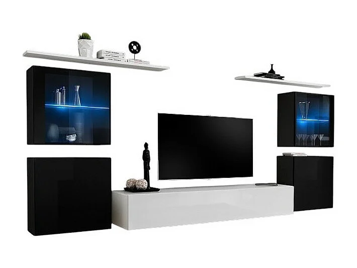 Wohnzimmerwandmöbel-Set SWITCH XIV im Design, in glänzendem Weiß und Schwarz.