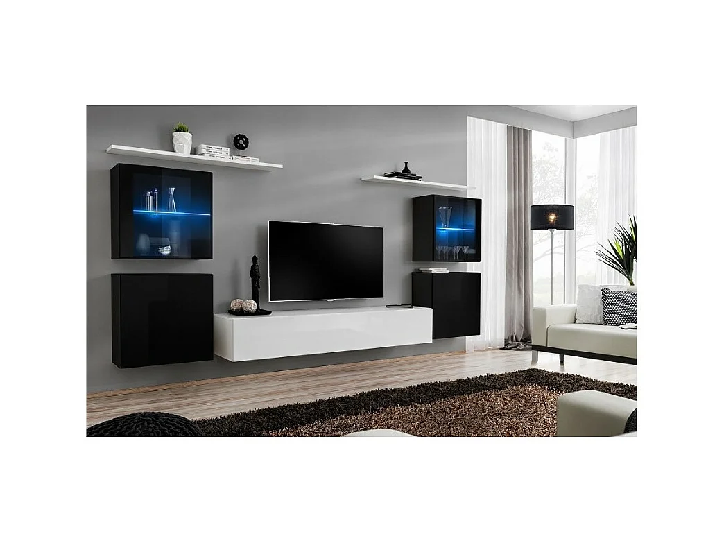 Conjunto de muebles de salón mural SWITCH XIV de diseño, en colores blanco y negro brillante.