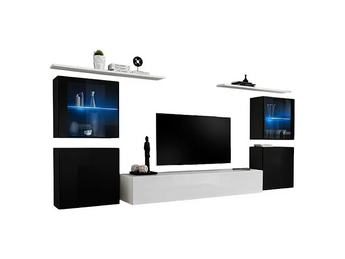 Wandmeubelset voor de woonkamer SWITCH XIV design, in glanzend wit en zwart.
