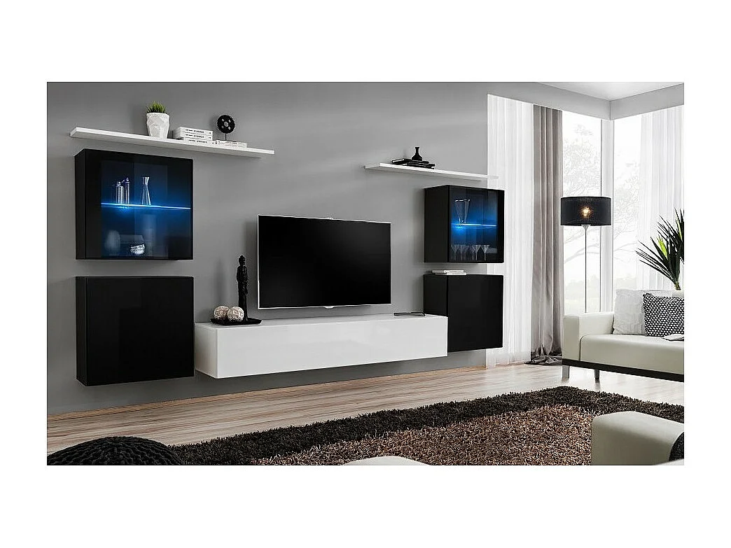 Wandmeubelset voor de woonkamer SWITCH XIV design, in glanzend wit en zwart.