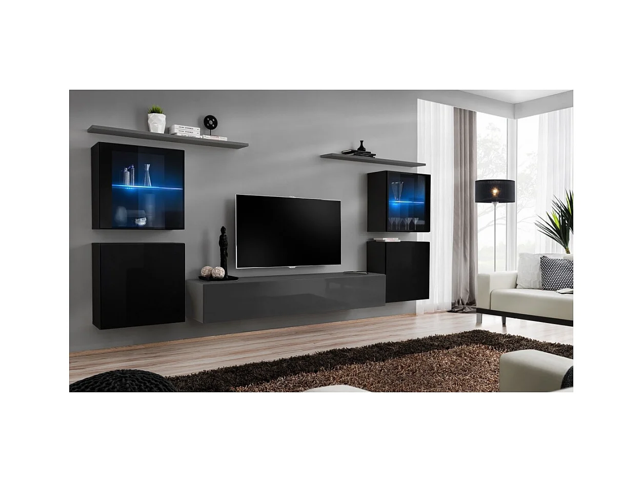 Wandmeubelset voor de woonkamer SWITCH XIV design, in glanzend grijs en zwart.