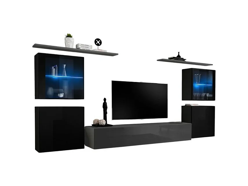 Ensemble meuble salon mural SWITCH XIV design, coloris gris et noir brillant.