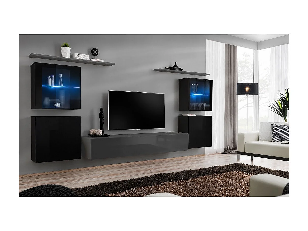 Wandmeubelset voor de woonkamer SWITCH XIV design, in glanzend grijs en zwart.
