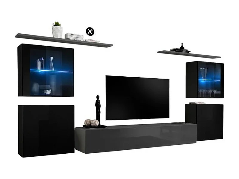 Ensemble meuble salon mural SWITCH XIV design, coloris gris et noir brillant.