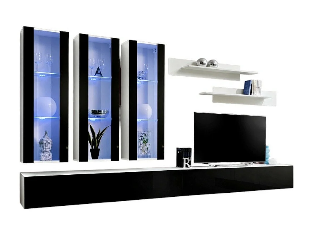 TV-Möbel FLY E3 Design, in glänzendem Weiß und Schwarz. Modernes und trendiges Hängemöbel für Ihr Wohnzimmer.