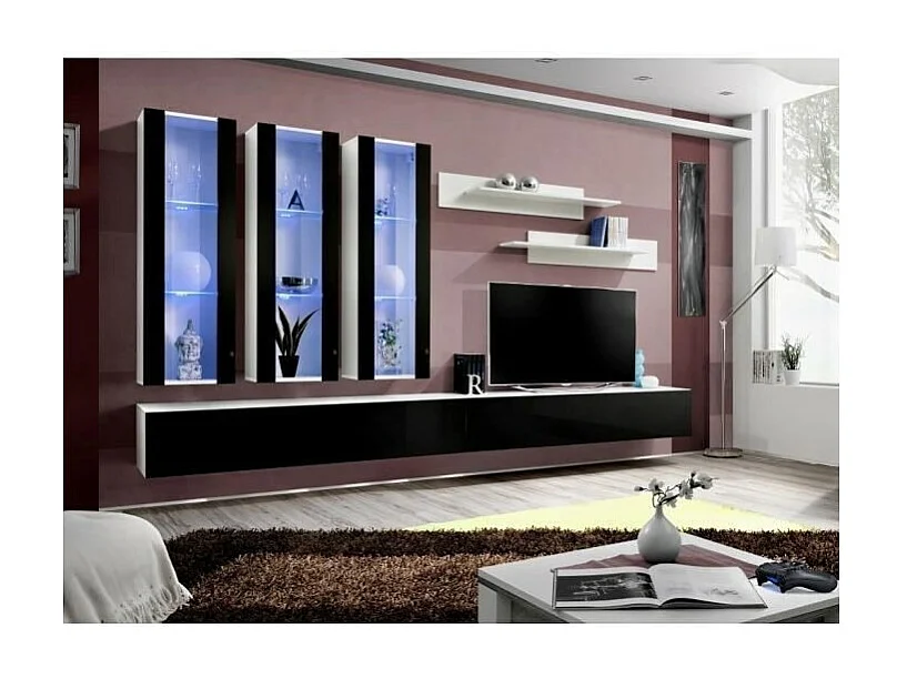 TV-Möbel FLY E3 Design, in glänzendem Weiß und Schwarz. Modernes und trendiges Hängemöbel für Ihr Wohnzimmer.