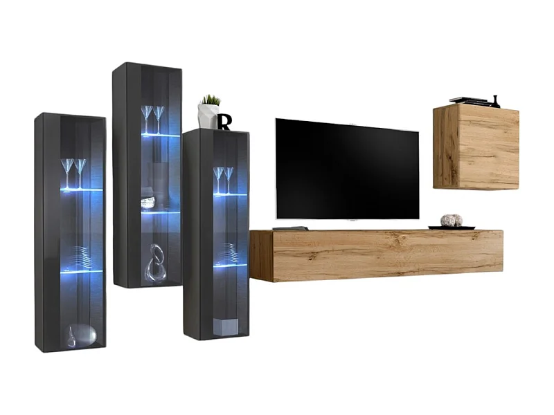 Ensemble meuble salon mural SWITCH XIII design, coloris chêne Wotan et gris.