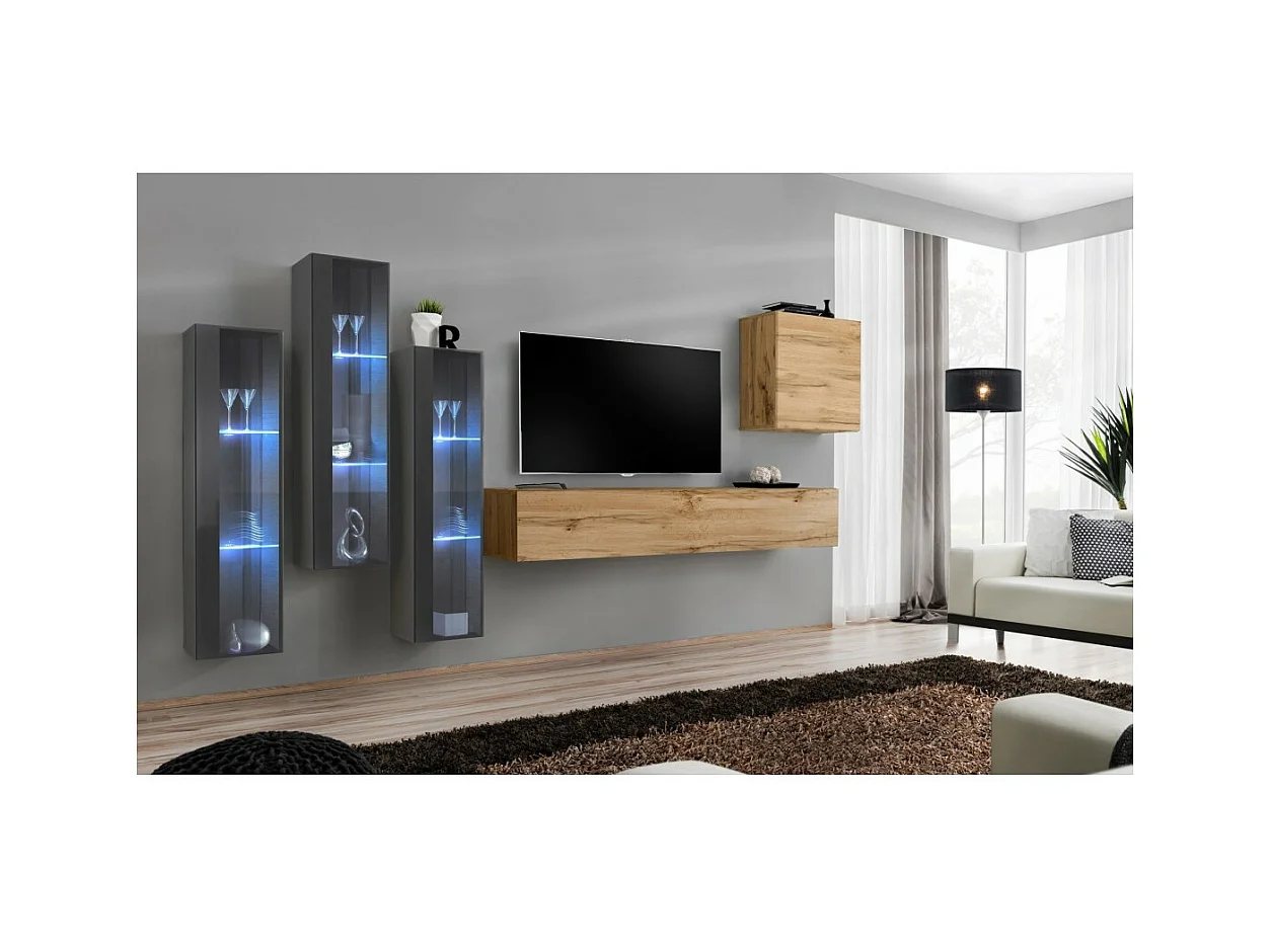 Conjunto de móveis de parede para sala SWITCH XIII design, na cor carvalho Wotan e cinza.