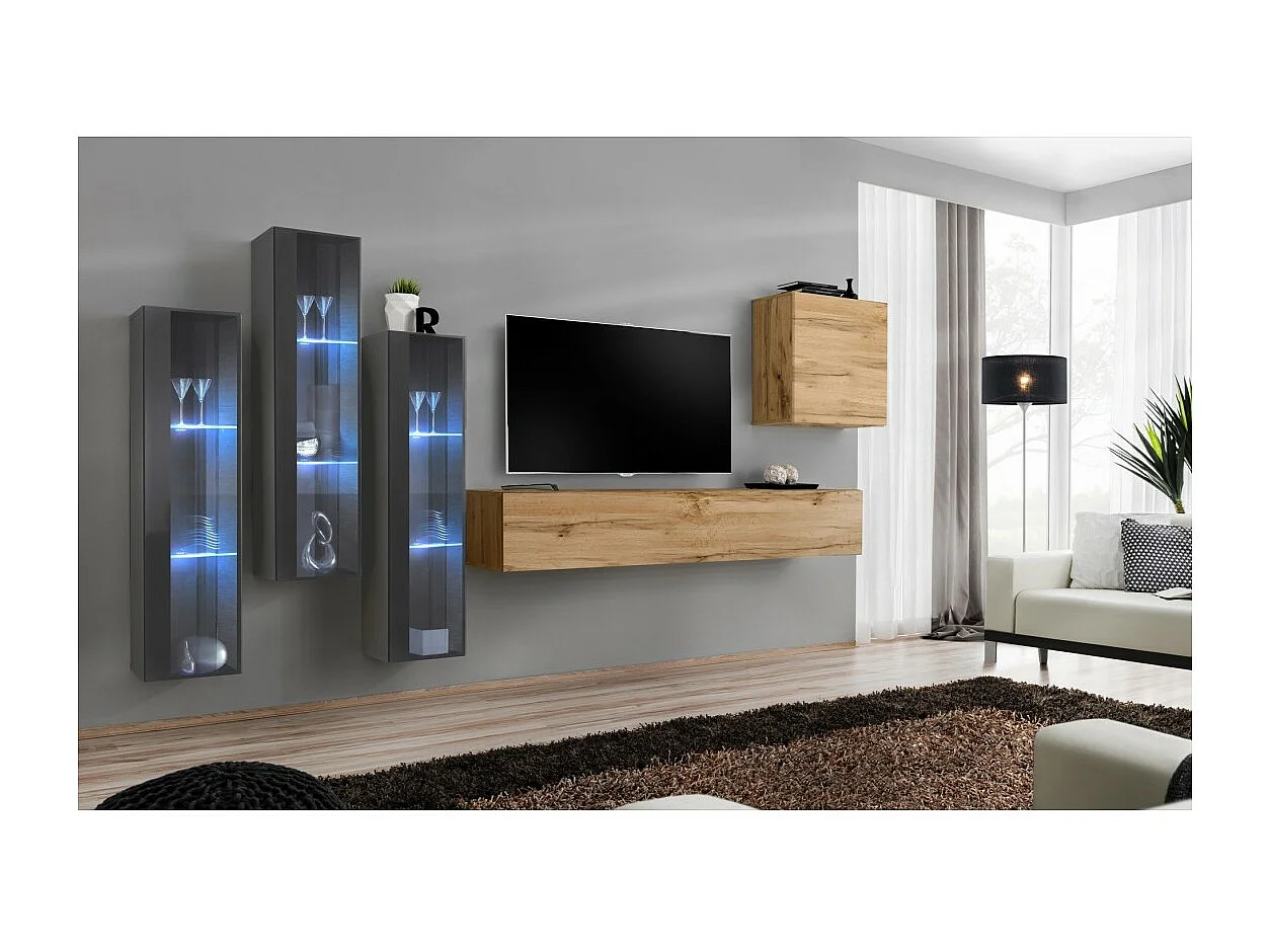 Wandmeubelset voor de woonkamer SWITCH XIII design, in Wotan eiken en grijs.