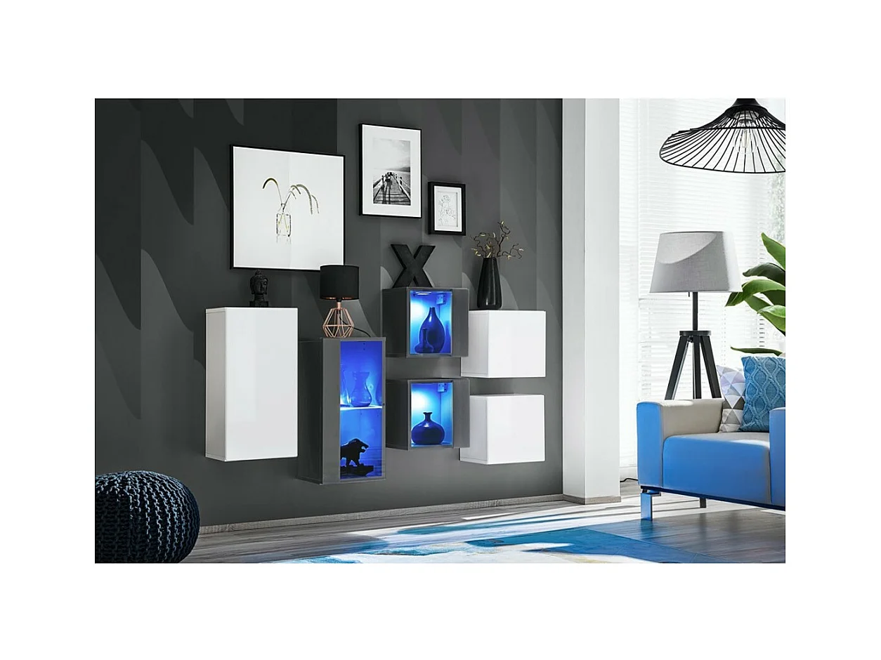 Woonkamermeubelset SWITCH SBIV – Wit en grijs – Ingebouwde LED & Push to Open systeem