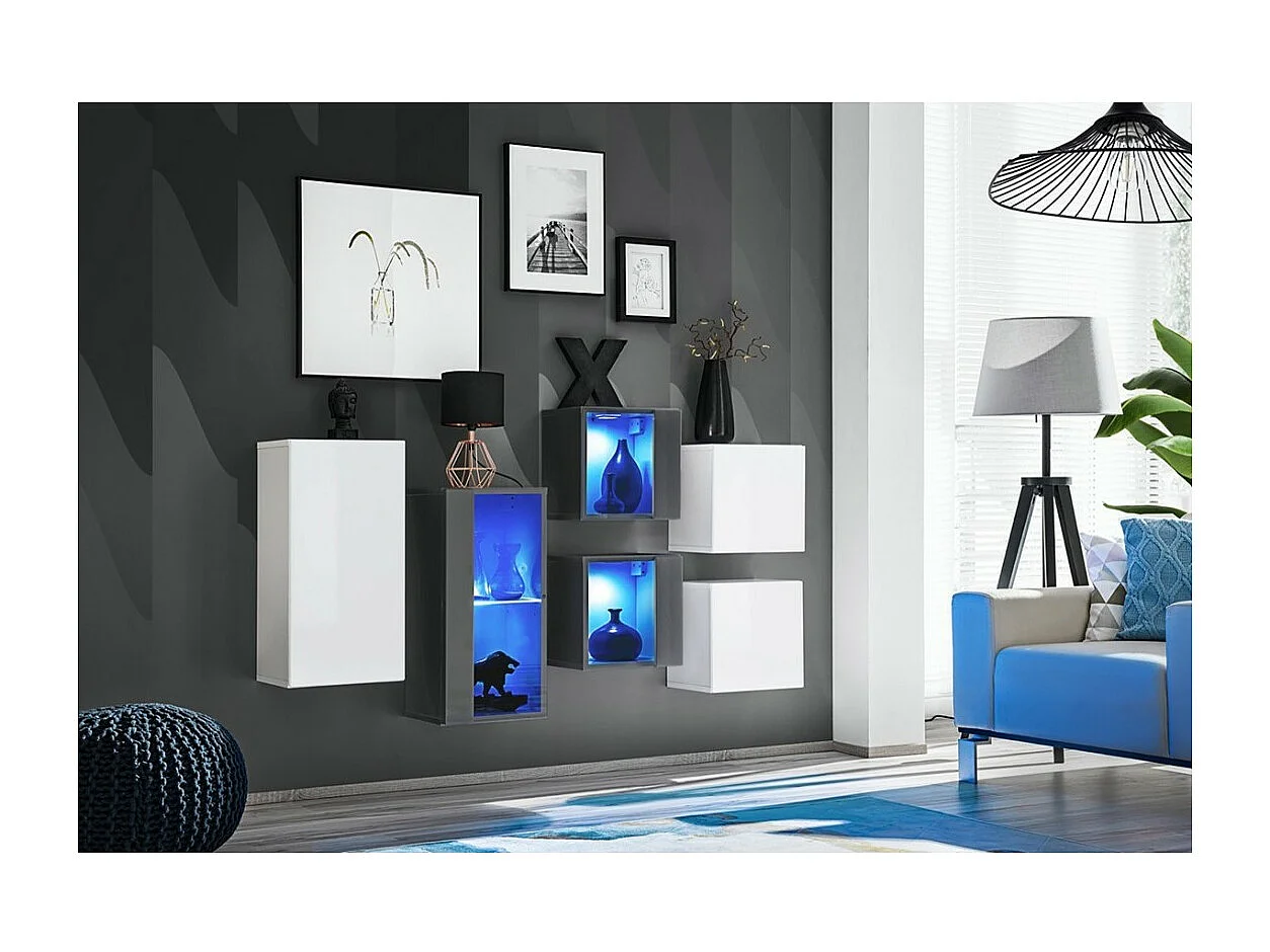 Ensemble meubles de salon SWITCH SBIV – Blanc et gris – LED intégrées & système Push to Open