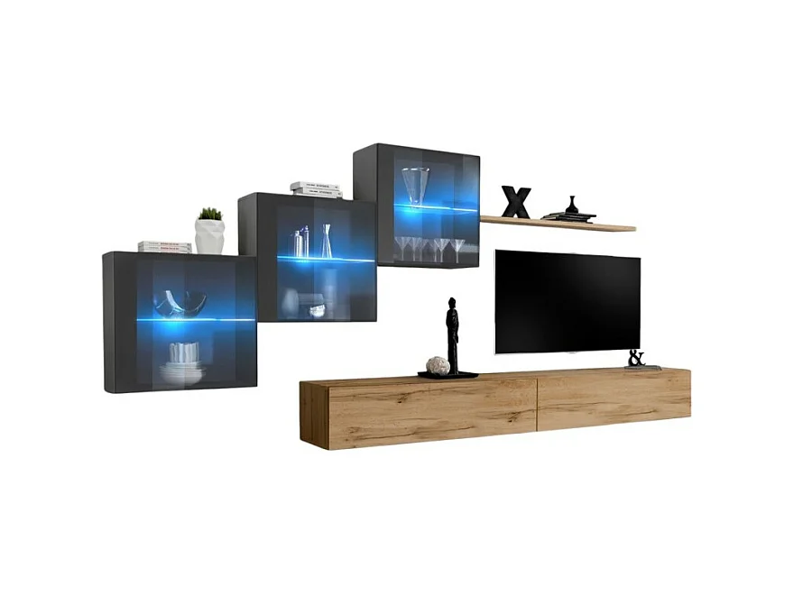 Ensemble meubles de salon SWITCH XX design, coloris chêne Wotan et gris brillant.