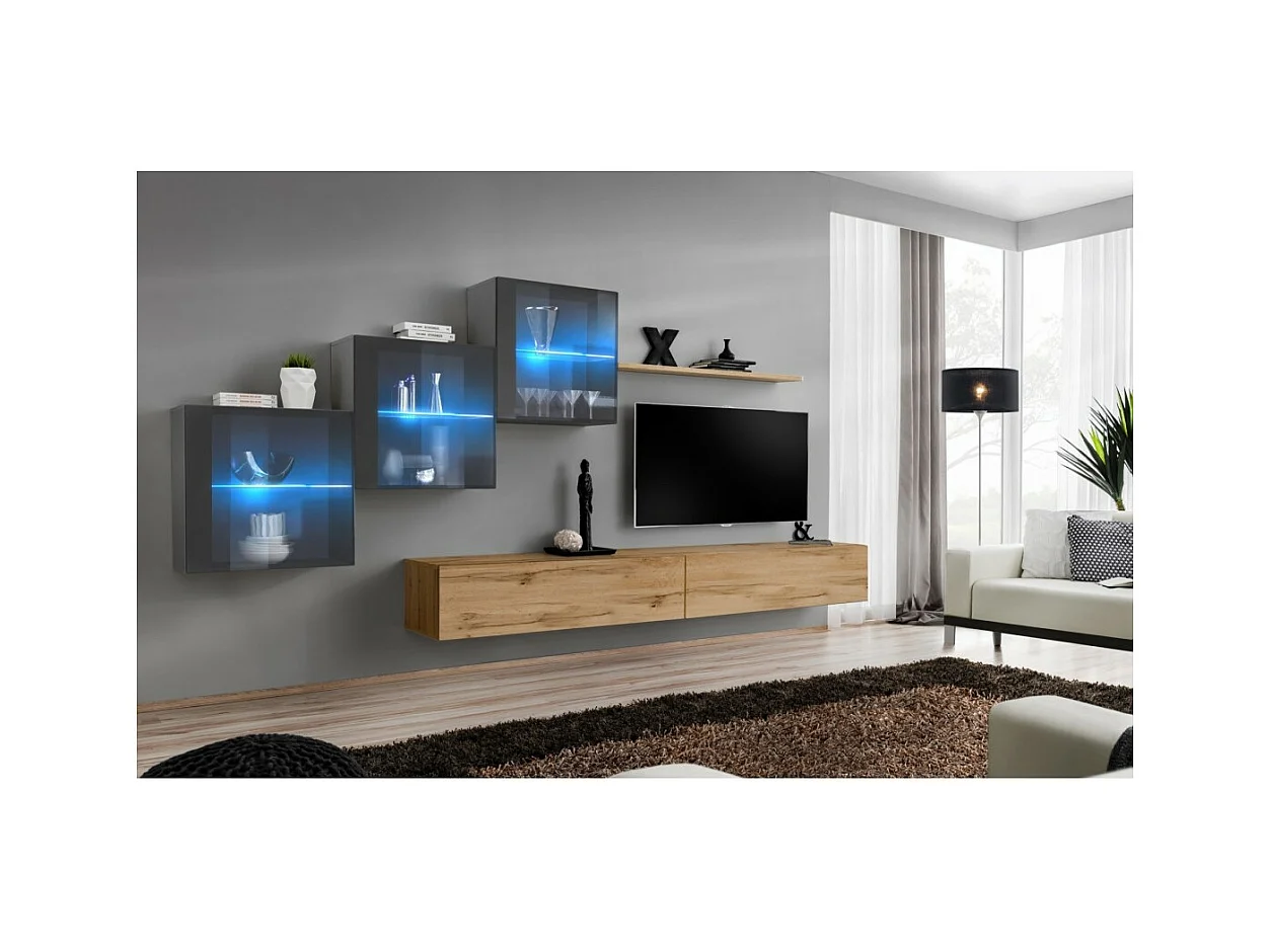 Ensemble meubles de salon SWITCH XX design, coloris chêne Wotan et gris brillant.
