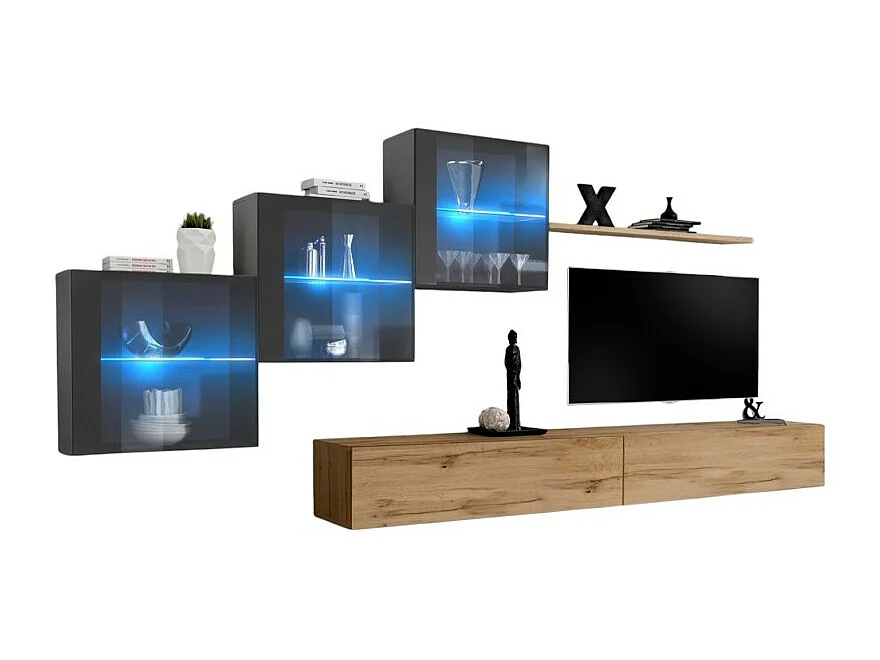 Conjunto de móveis para sala de estar SWITCH XX design, na cor carvalho Wotan e cinza brilhante.