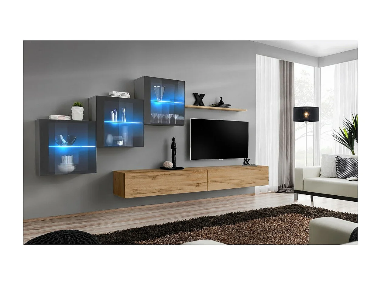 Conjunto de móveis para sala de estar SWITCH XX design, na cor carvalho Wotan e cinza brilhante.