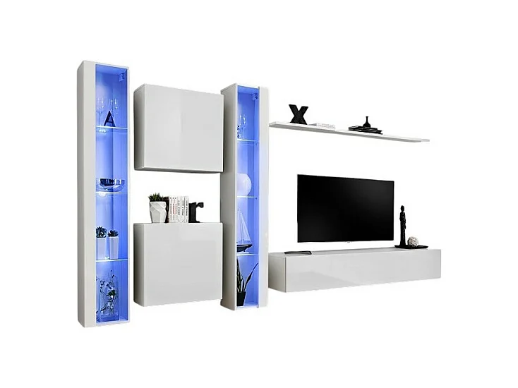 Ensemble meuble salon mural SWITCH XVI design, coloris blanc brillant.