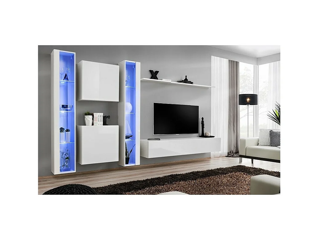Ensemble meuble salon mural SWITCH XVI design, coloris blanc brillant.
