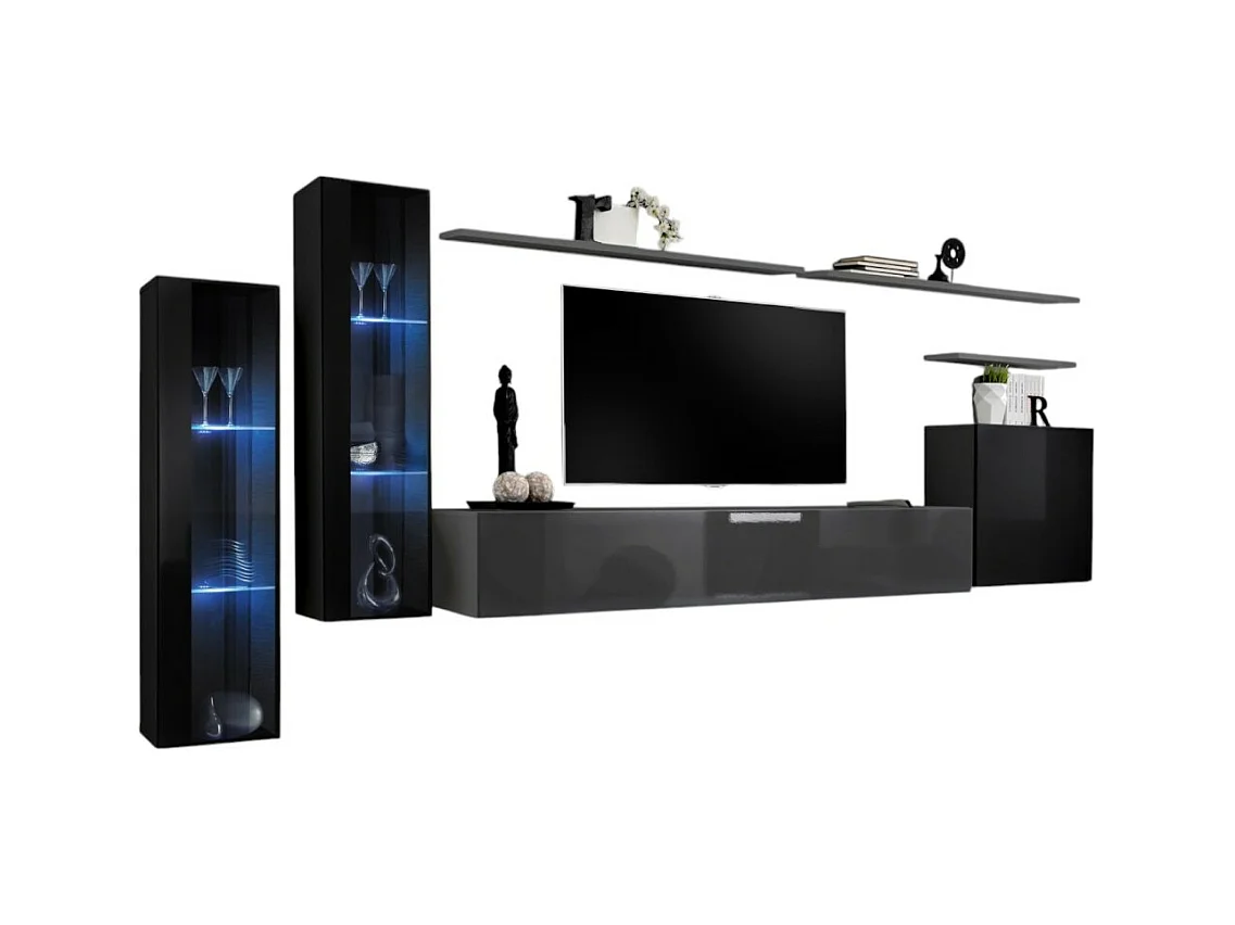 Conjunto de móveis de parede para sala de estar SWITCH XI design, nas cores cinza brilhante e preto brilhante.