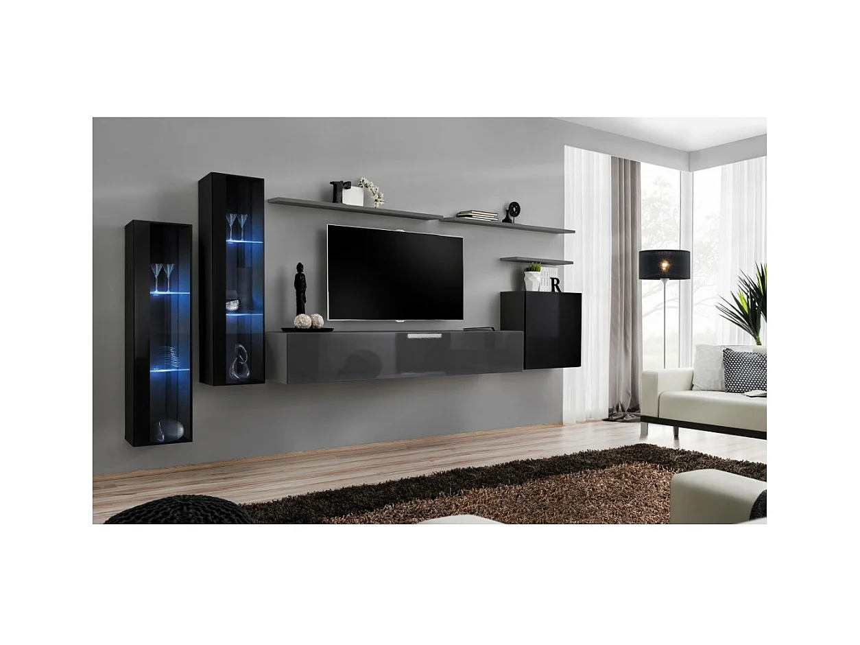 Conjunto de móveis de parede para sala de estar SWITCH XI design, nas cores cinza brilhante e preto brilhante.