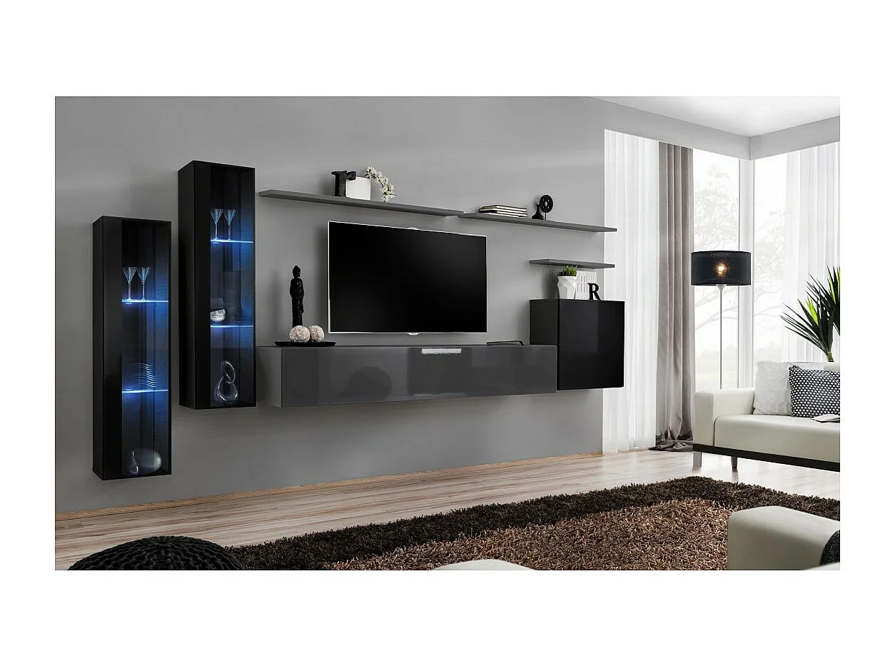 Wandmeubelset voor de woonkamer SWITCH XI design, in glanzend grijs en glanzend zwart.