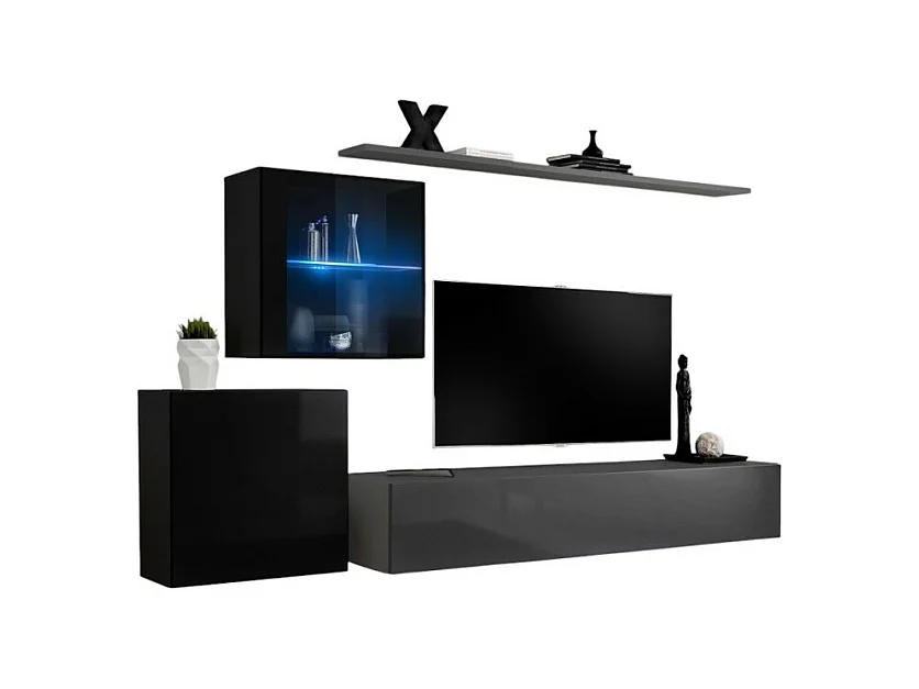 Ensemble meuble salon mural SWITCH XV design, coloris gris et noir brillant.