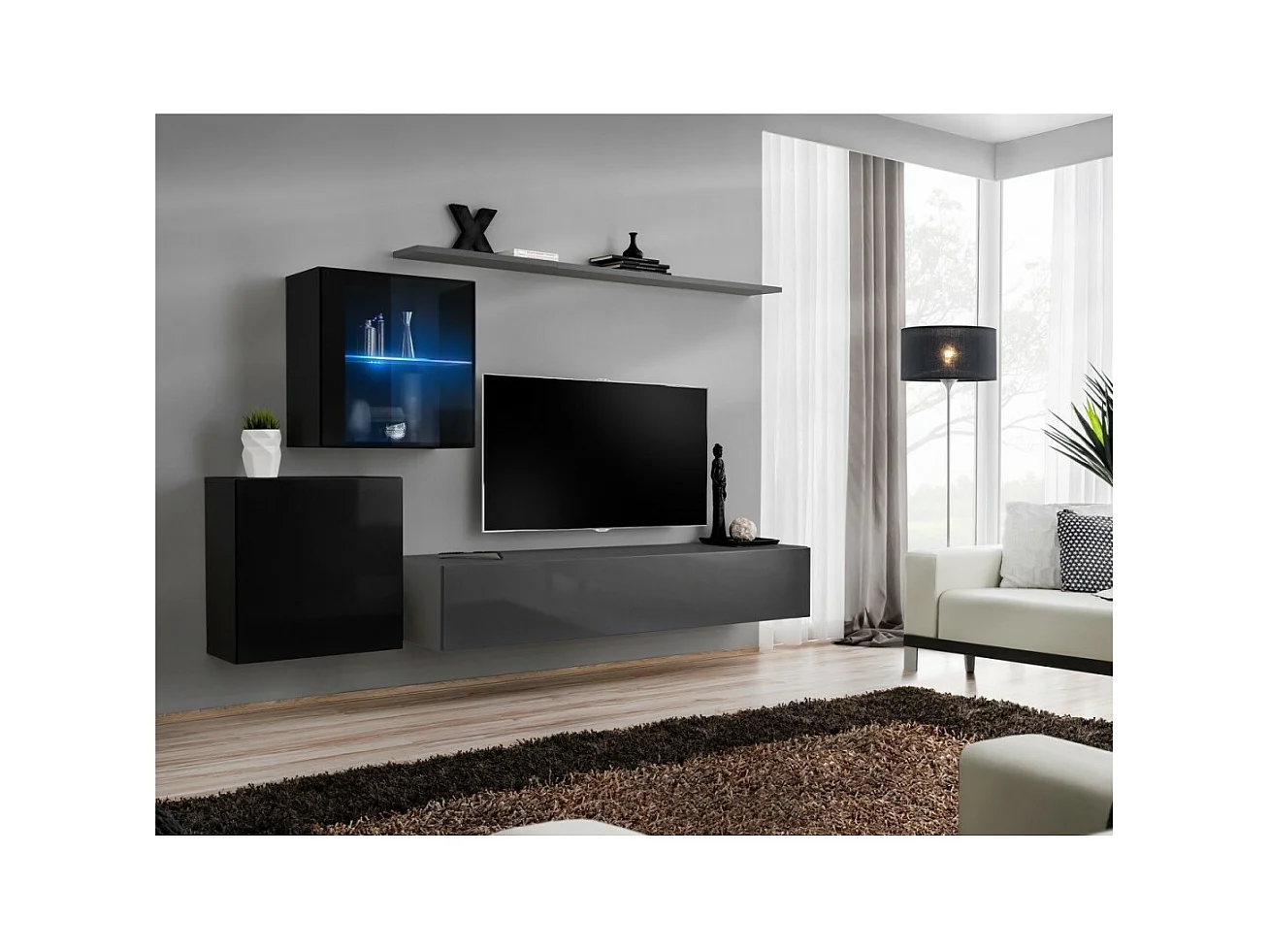 Conjunto de móveis para sala de estar mural SWITCH XV, design nas cores cinza e preto brilhante.