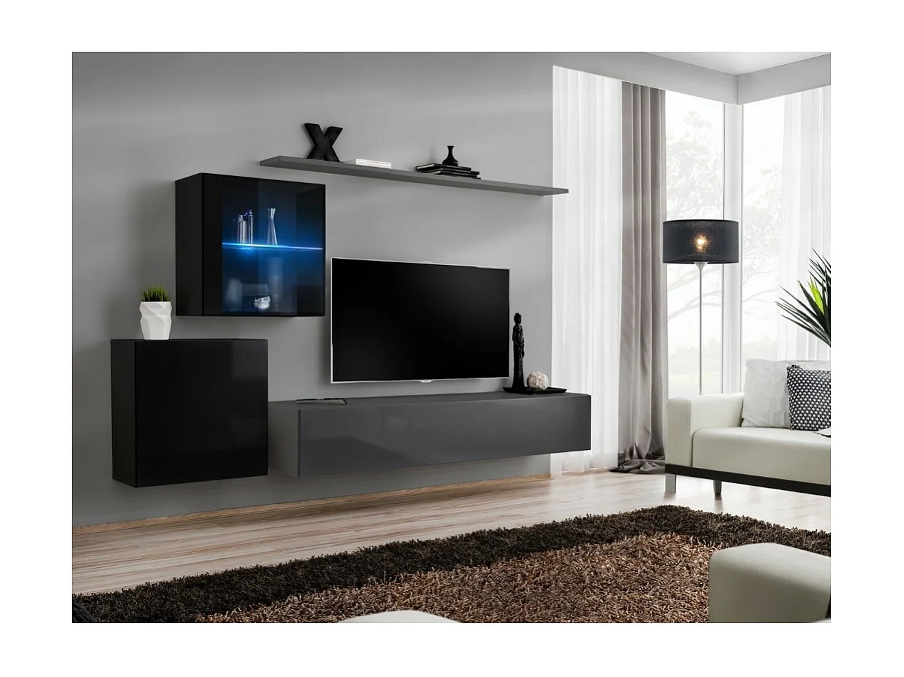 Set mobile da salotto murale SWITCH XV design, colore grigio e nero lucido.