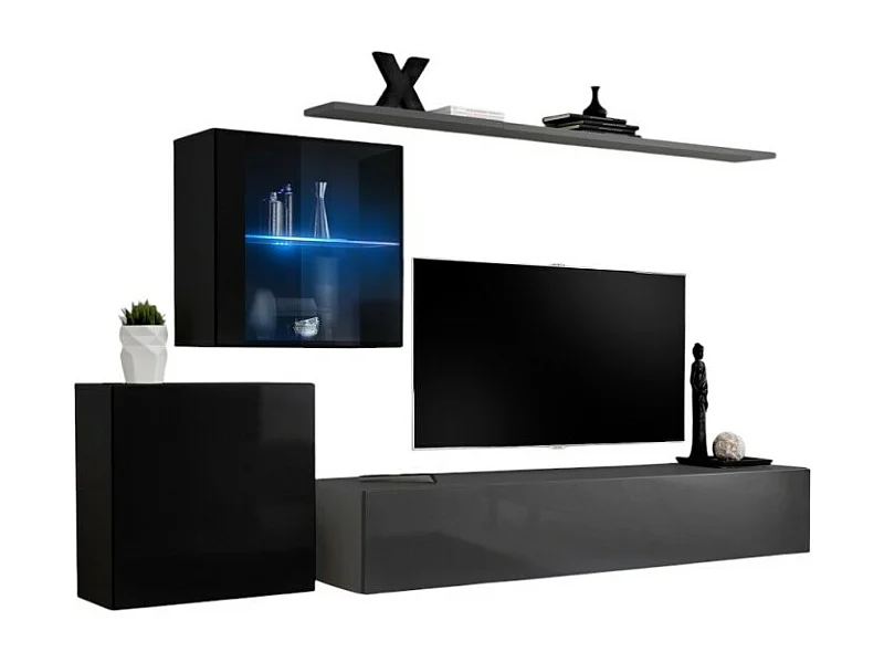 Ensemble meuble salon mural SWITCH XV design, coloris gris et noir brillant.