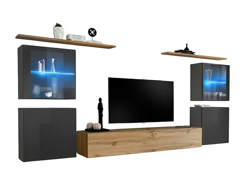 Ensemble meuble salon mural SWITCH XIV design, coloris chêne Wotan et gris brillant.