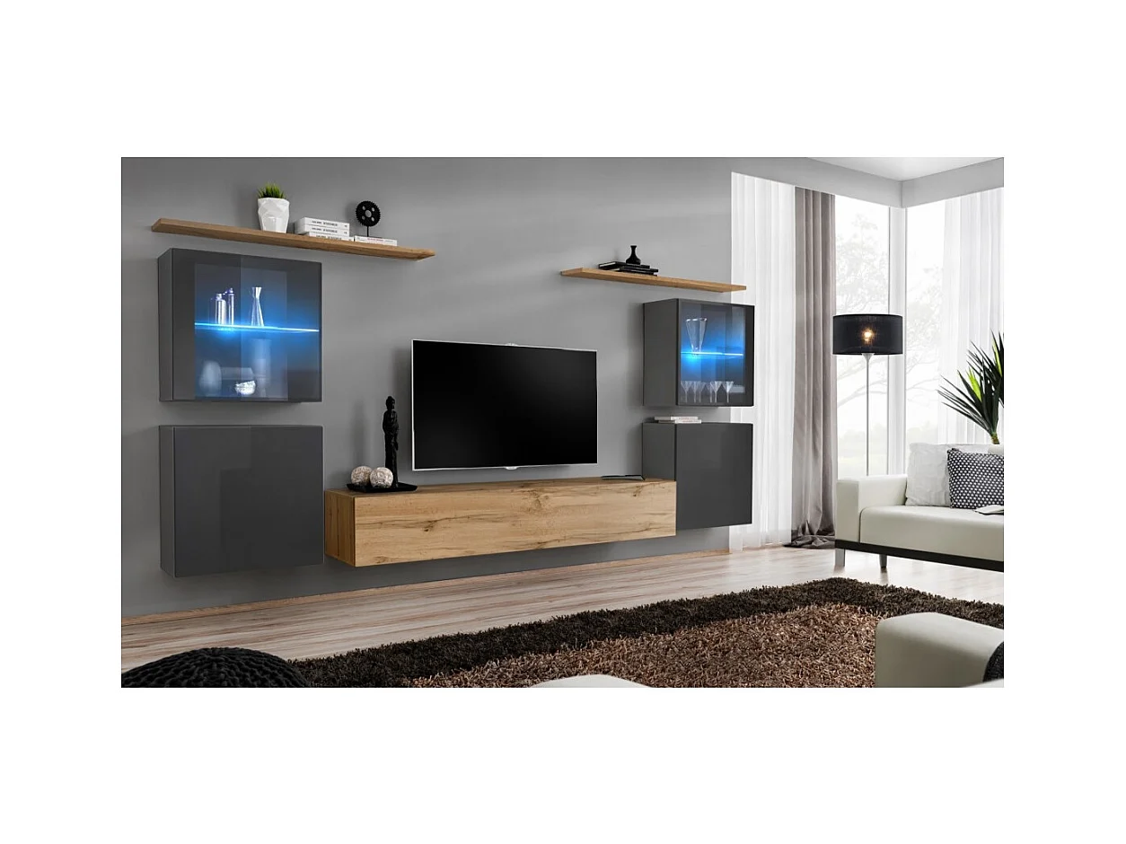Conjunto de móveis de parede para sala de estar SWITCH XIV, design, cor carvalho Wotan e cinza brilhante.