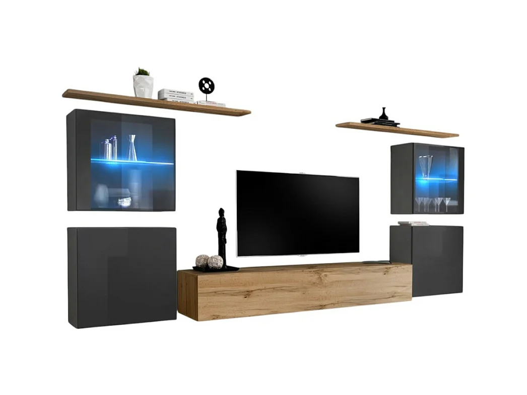 Ensemble meuble salon mural SWITCH XIV design, coloris chêne Wotan et gris brillant.
