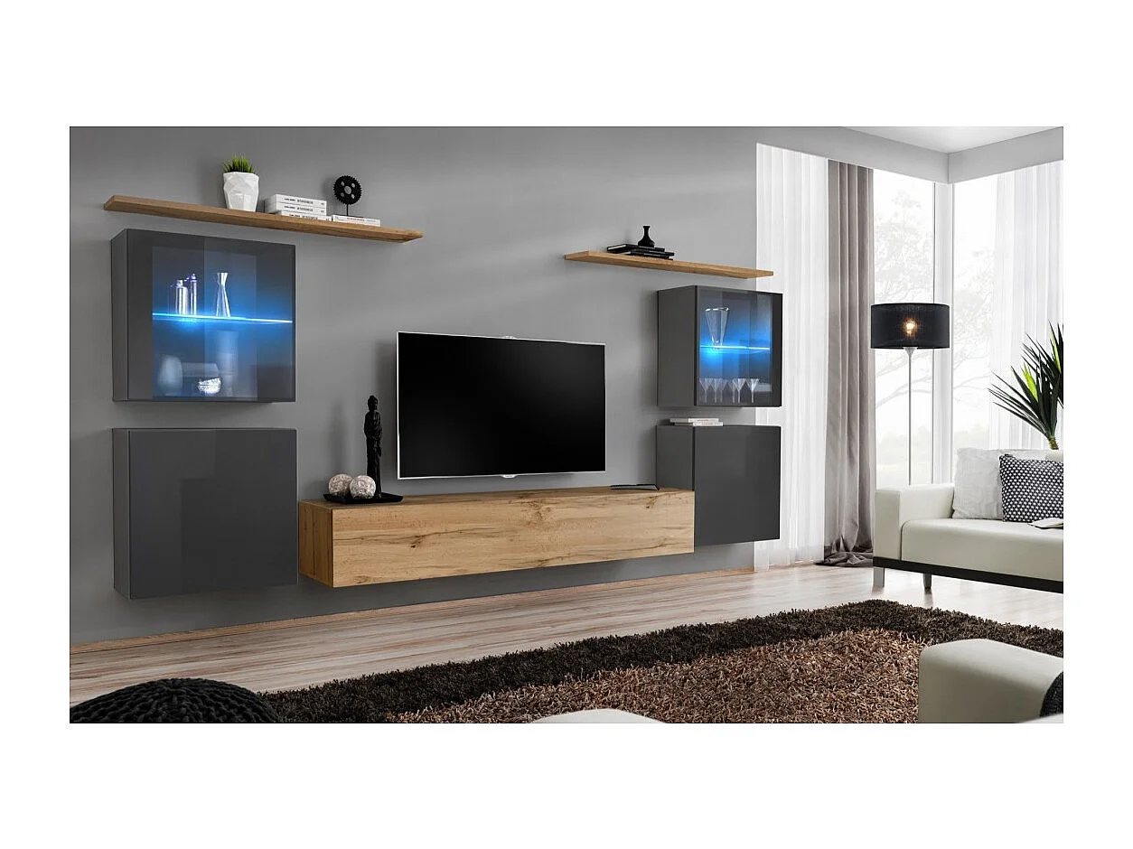 Ensemble meuble salon mural SWITCH XIV design, coloris chêne Wotan et gris brillant.