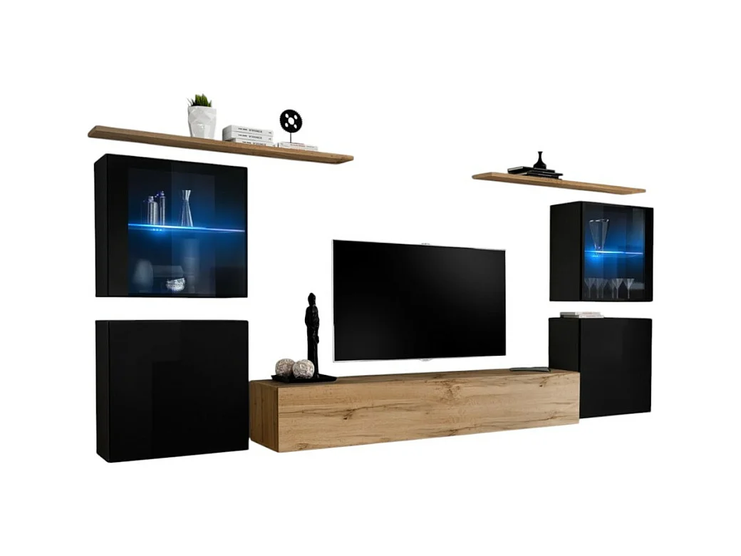Conjunto de móveis para sala de estar mural SWITCH XIV design, cor carvalho Wotan e preto brilhante.