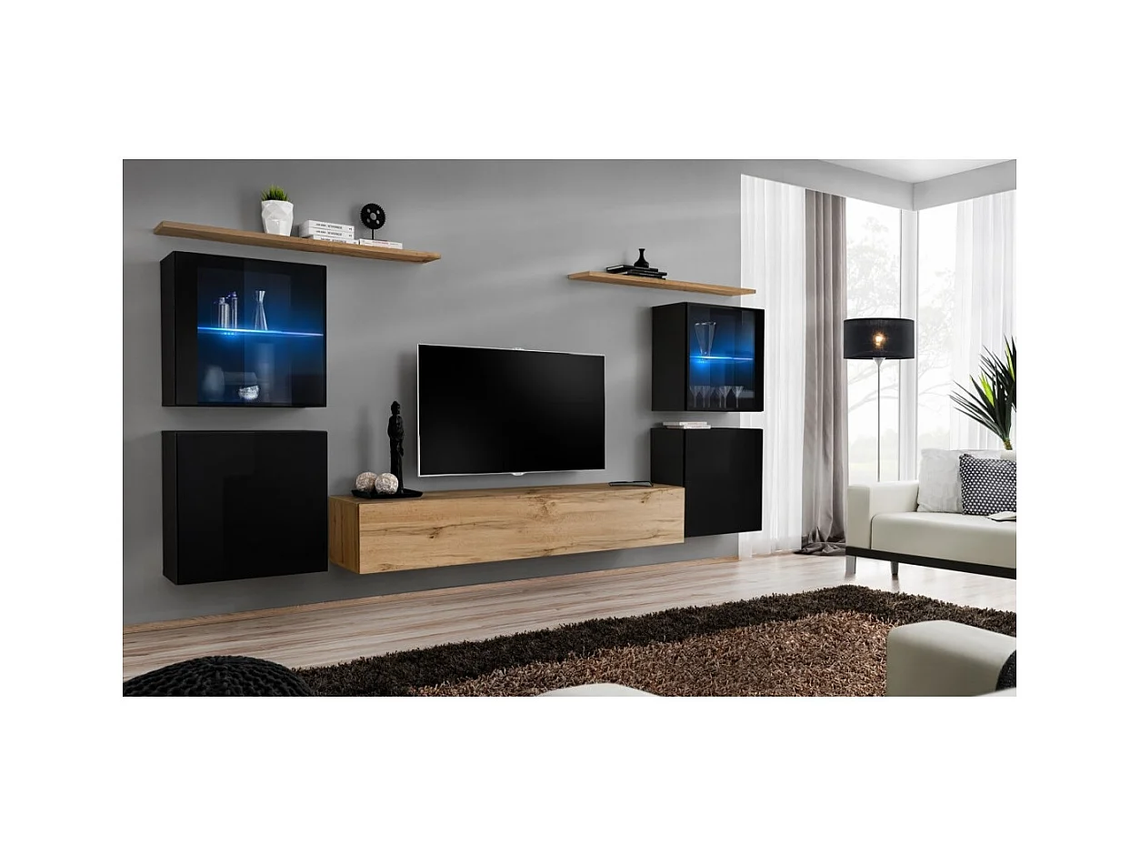 Conjunto de móveis para sala de estar mural SWITCH XIV design, cor carvalho Wotan e preto brilhante.