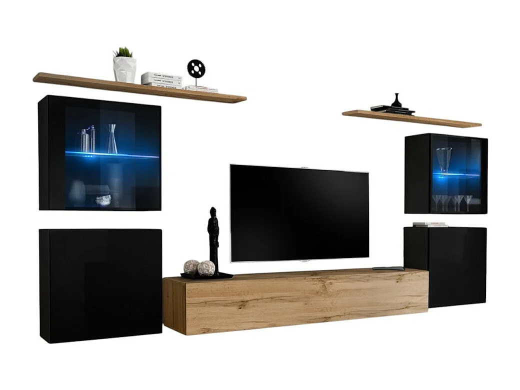 Ensemble meuble salon mural SWITCH XIV design, coloris chêne Wotan et noir brillant.