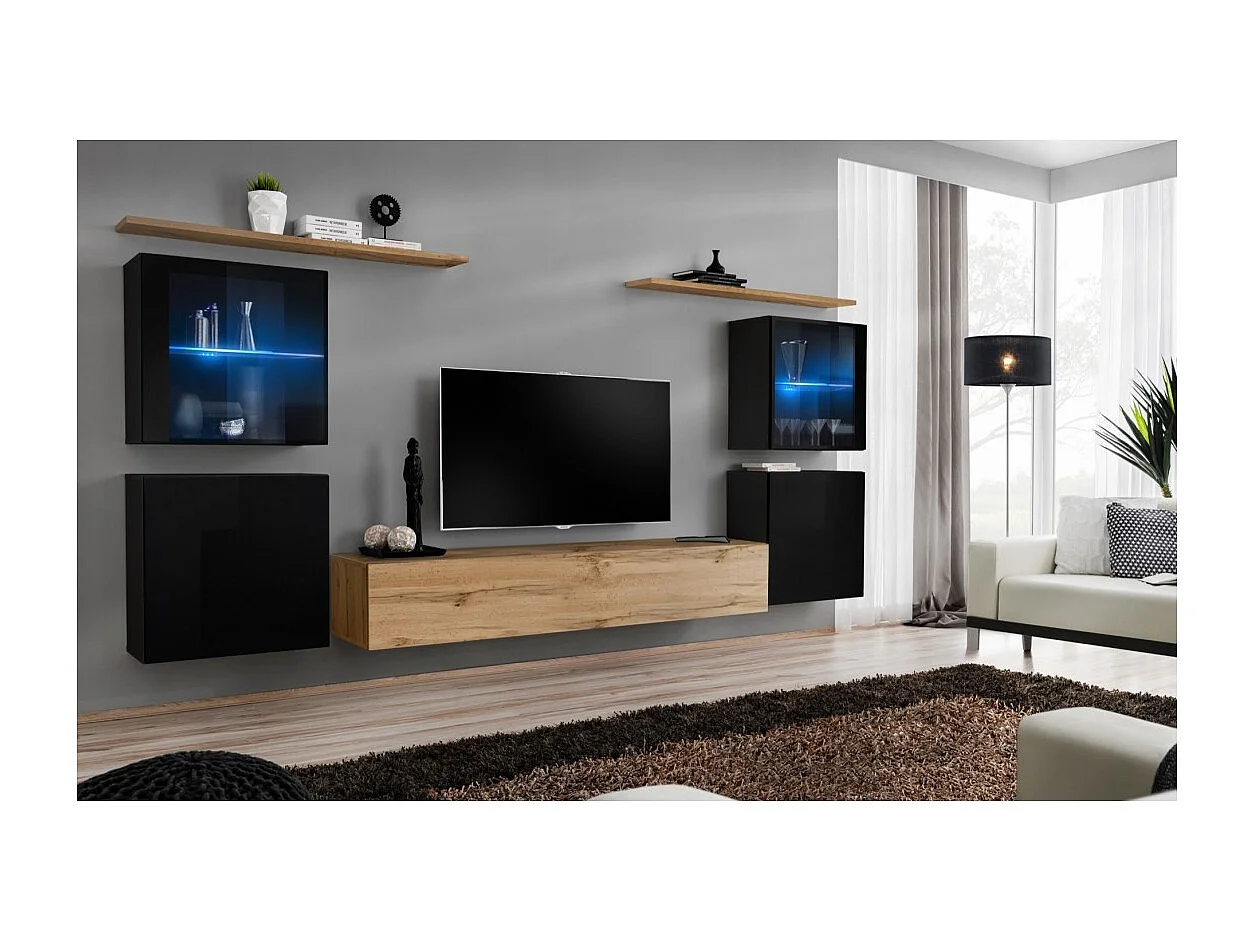 Ensemble meuble salon mural SWITCH XIV design, coloris chêne Wotan et noir brillant.