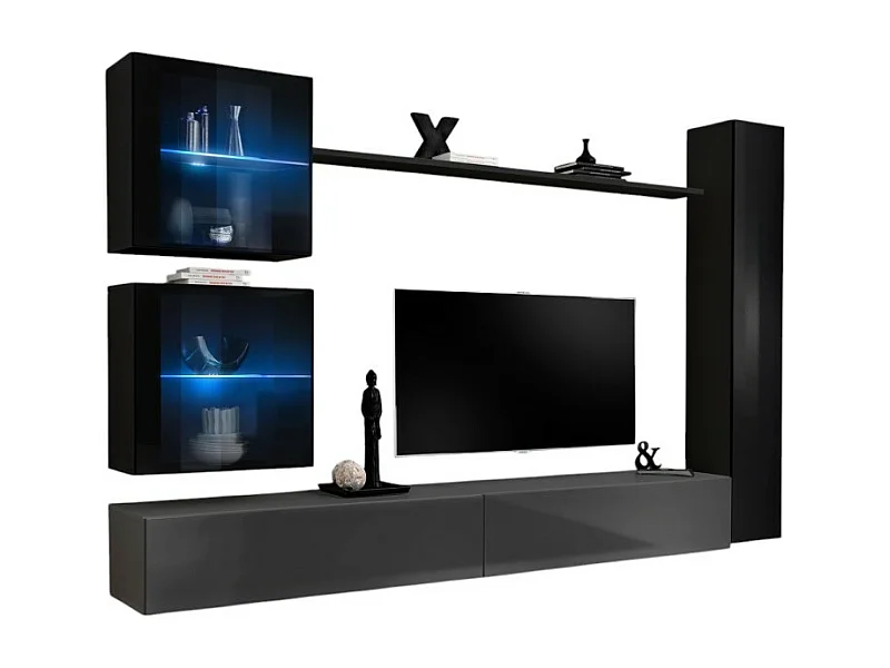 Wohnzimmer-Wandmöbel-Set SWITCH XVIII Design, in glänzendem Grau und Schwarz.