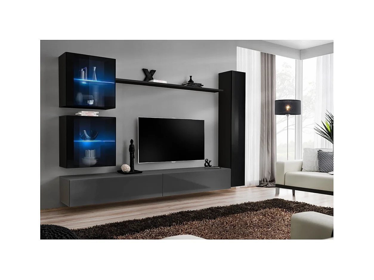 Set di mobili da salotto da parete SWITCH XVIII design, colore grigio e nero lucido.