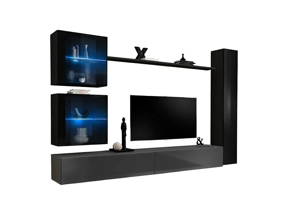 Ensemble meuble salon mural SWITCH XVIII design, coloris gris et noir brillant.