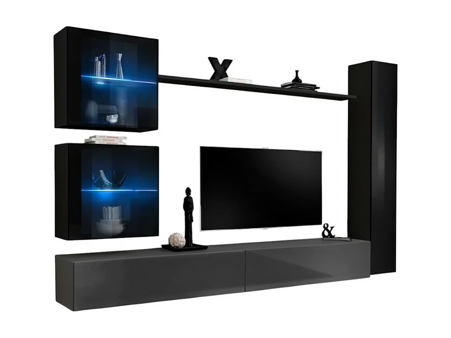 Ensemble meuble salon mural SWITCH XVIII design, coloris gris et noir brillant.