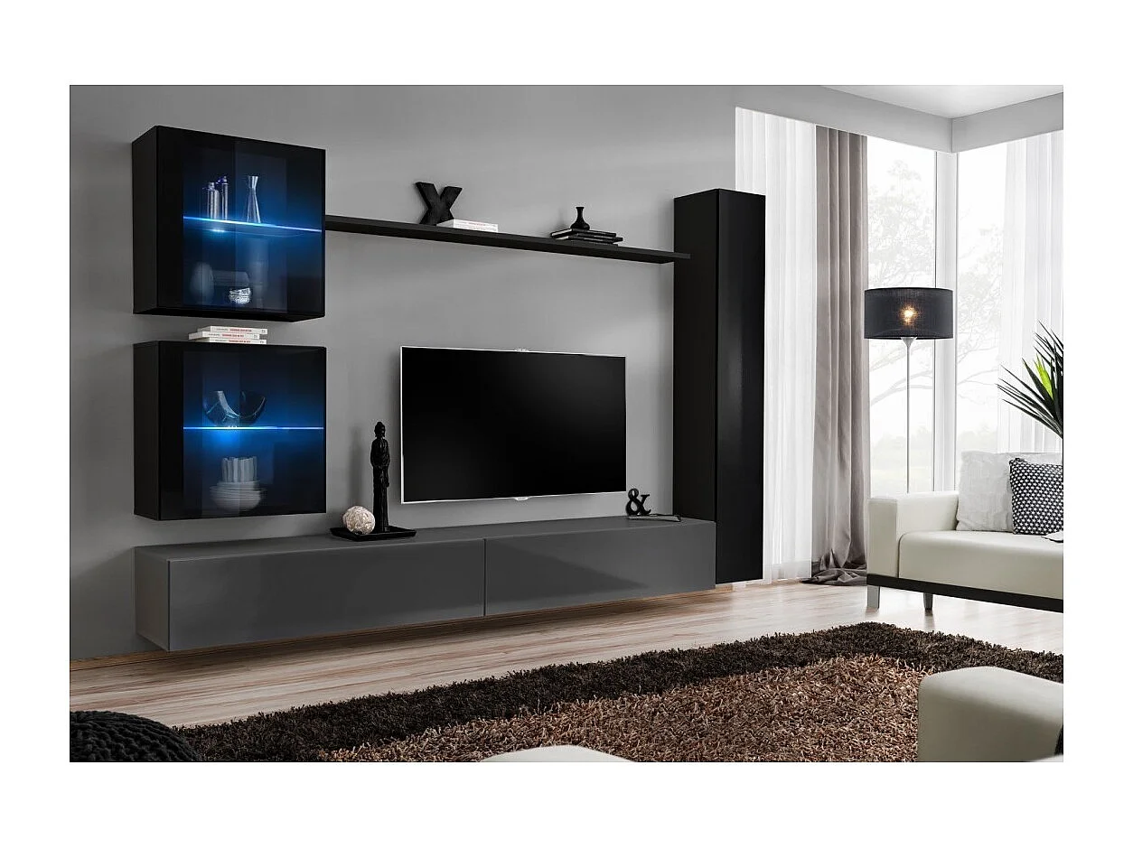 Ensemble meuble salon mural SWITCH XVIII design, coloris gris et noir brillant.